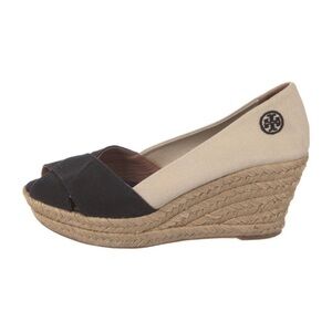 Tory Burch Filipa Espadrille Canvas Peep Toe Wedge Sandal Size 9B Black Beige